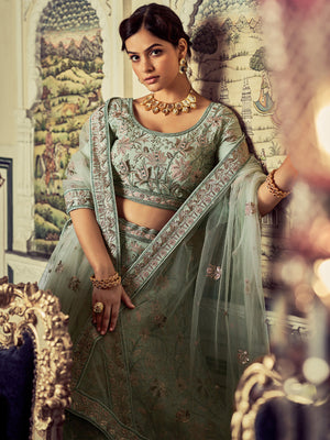 Rajwada - Classic Sea Green Georgette Embroidered Semi Stitched Lehenga With Unstitched Blouse