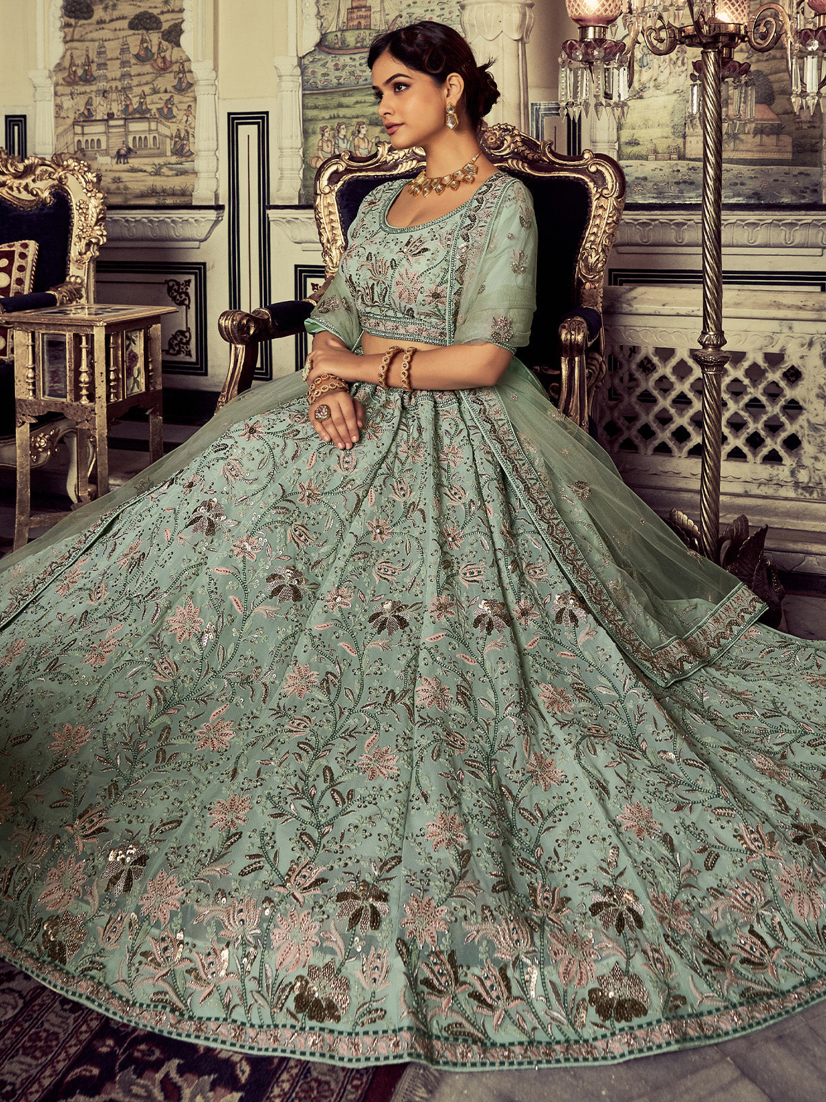 Rajwada - Classic Sea Green Georgette Embroidered Semi Stitched Lehenga With Unstitched Blouse