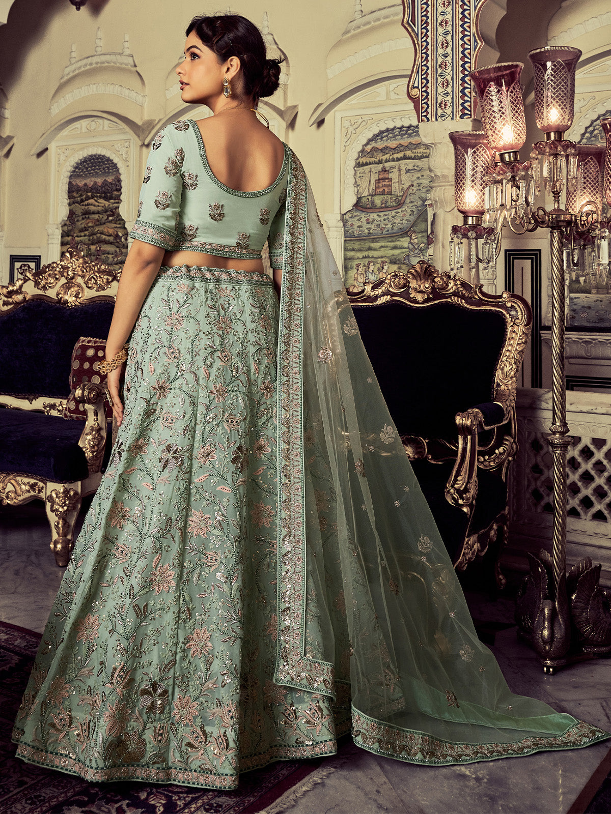 Rajwada - Classic Sea Green Georgette Embroidered Semi Stitched Lehenga With Unstitched Blouse