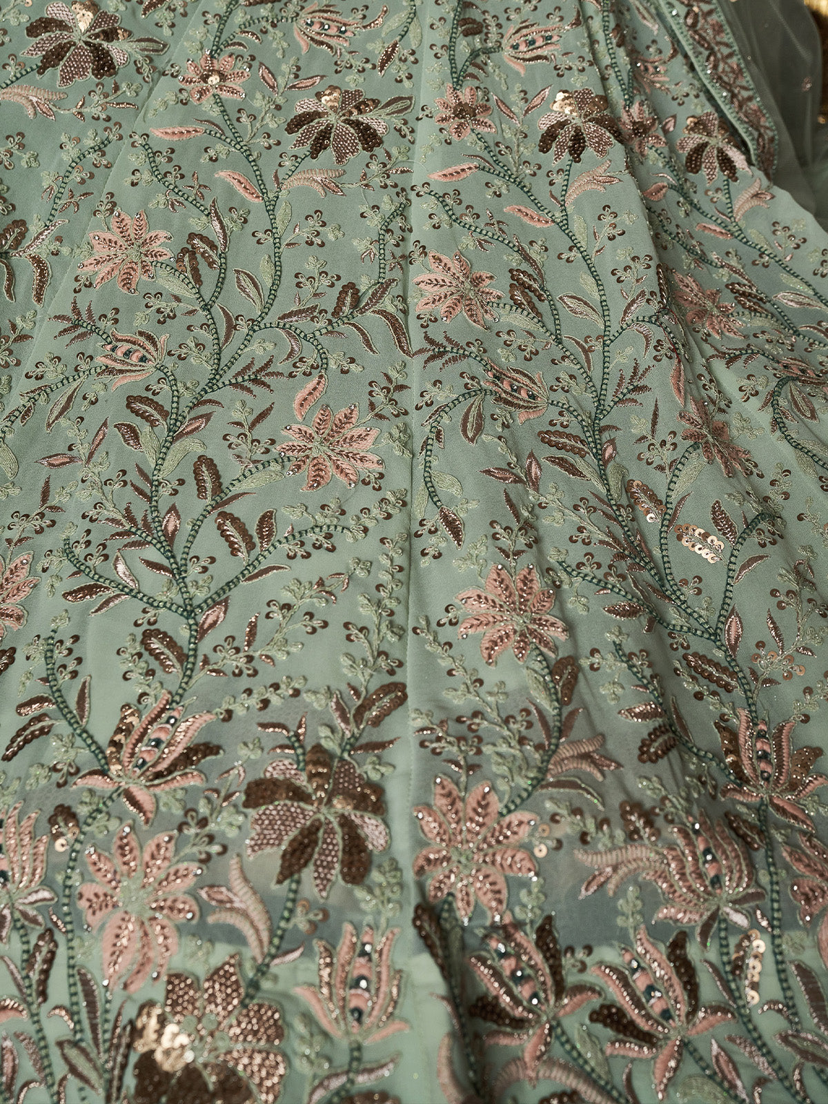 Rajwada - Classic Sea Green Georgette Embroidered Semi Stitched Lehenga With Unstitched Blouse