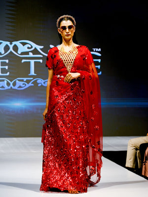 Rajwada Women Red Soft Net Sequins Semi Stitched Lehenga With Unstitched Blouse