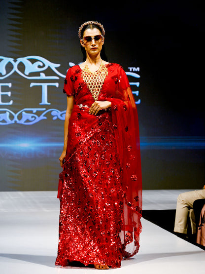 Rajwada Women Red Soft Net Sequins Semi Stitched Lehenga With Unstitched Blouse