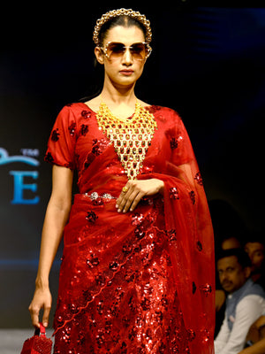 Rajwada Women Red Soft Net Sequins Semi Stitched Lehenga With Unstitched Blouse