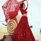 Rajwada Women Red Soft Net Sequins Semi Stitched Lehenga With Unstitched Blouse