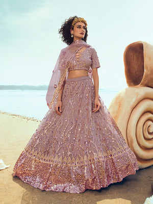 Rajwada Women Designer Purple Soft Net With Sequins Thread Semi Stitched Lehenga With Unstitched Blouse