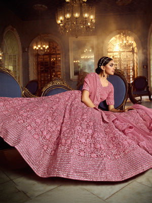 Rajwada Women Purple Soft Net Semi Stitched Lehenga With Unstitched Blouse