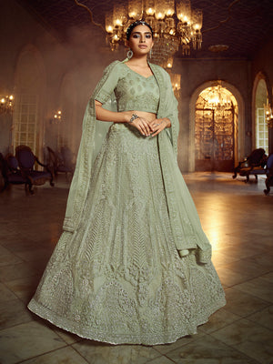 Rajwada Women Olive Embroidered Soft Net Semi Stitched Lehenga With Unstitched Blouse