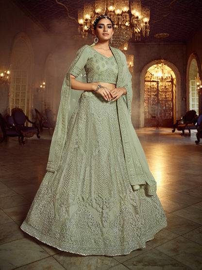 Rajwada Women Olive Embroidered Soft Net Semi Stitched Lehenga With Unstitched Blouse