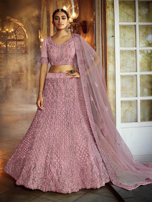 Rajwada Women Pink Embroidered Soft Net Semi Stitched Lehenga With Unstitched Blouse