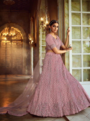 Rajwada Women Pink Embroidered Soft Net Semi Stitched Lehenga With Unstitched Blouse