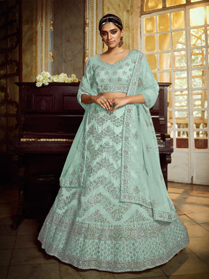 Rajwada Women Sea Green Soft Net Embroidered Semi Stitched Lehenga With Unstitched Blouse