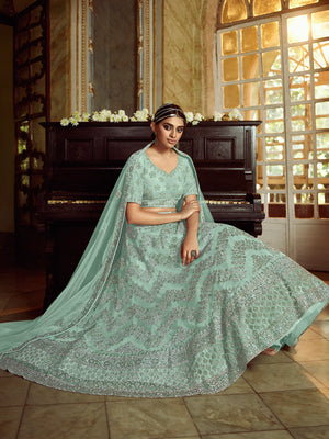 Rajwada Women Sea Green Soft Net Embroidered Semi Stitched Lehenga With Unstitched Blouse