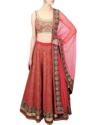 Rajwada Women Red Embroidered Art Silk Semi Stitched Lehenga With Unstitched Blouse