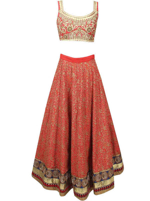 Rajwada Women Red Embroidered Art Silk Semi Stitched Lehenga With Unstitched Blouse