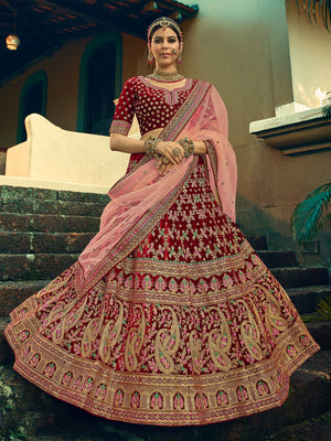 Rajwada Women Festive Maroon Semi Stitched Lehenga With Unstitched Blouse