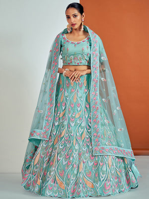 Rajwada - Stylish Blue Soft Net Semi Stitched Lehenga With Unstitched Blouse
