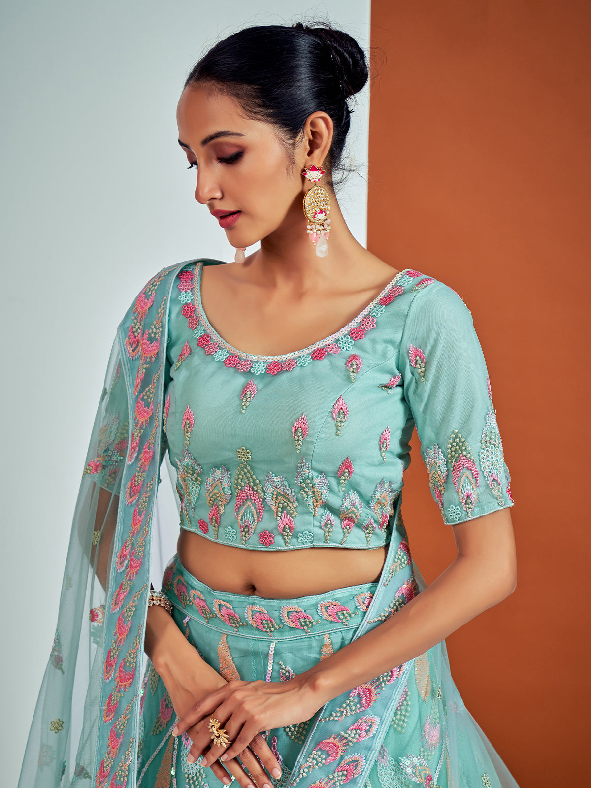 Rajwada - Stylish Blue Soft Net Semi Stitched Lehenga With Unstitched Blouse