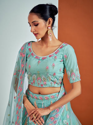 Rajwada - Stylish Blue Soft Net Semi Stitched Lehenga With Unstitched Blouse