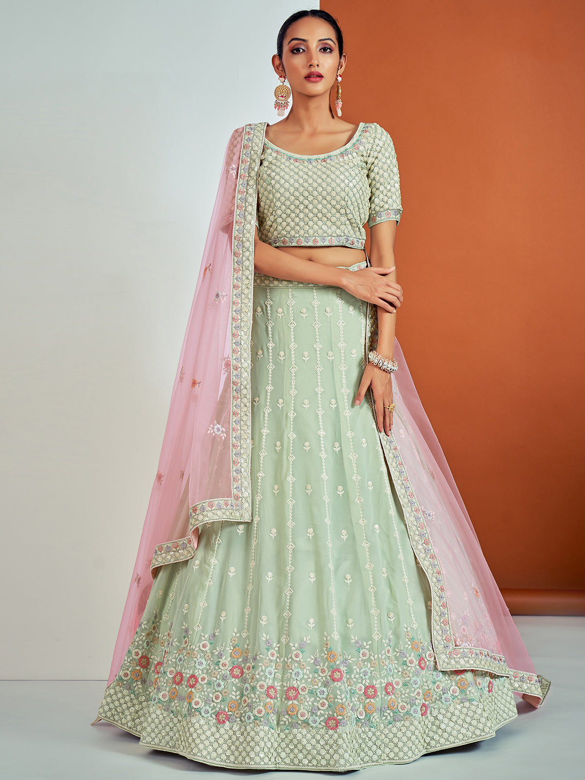 Rajwada - Designer Sea Green Georgette Semi Stitched Lehenga With Unstitched Blouse