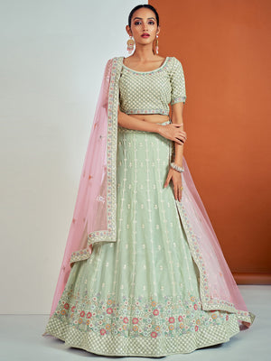 Rajwada - Designer Sea Green Georgette Semi Stitched Lehenga With Unstitched Blouse