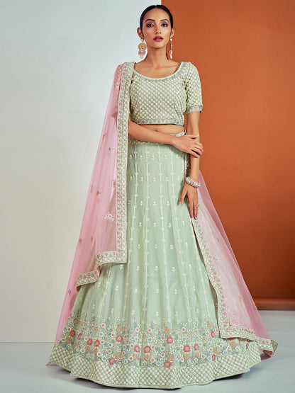 Rajwada - Designer Sea Green Georgette Semi Stitched Lehenga With Unstitched Blouse
