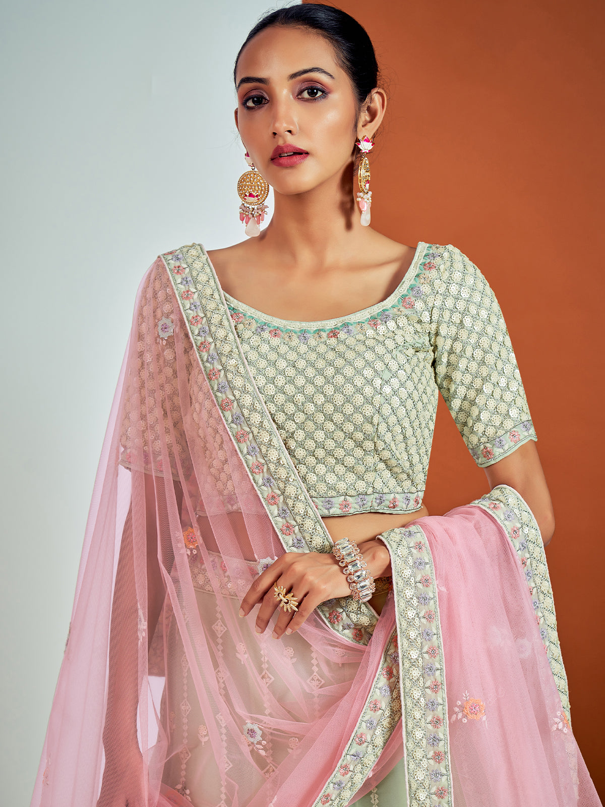Rajwada - Designer Sea Green Georgette Semi Stitched Lehenga With Unstitched Blouse