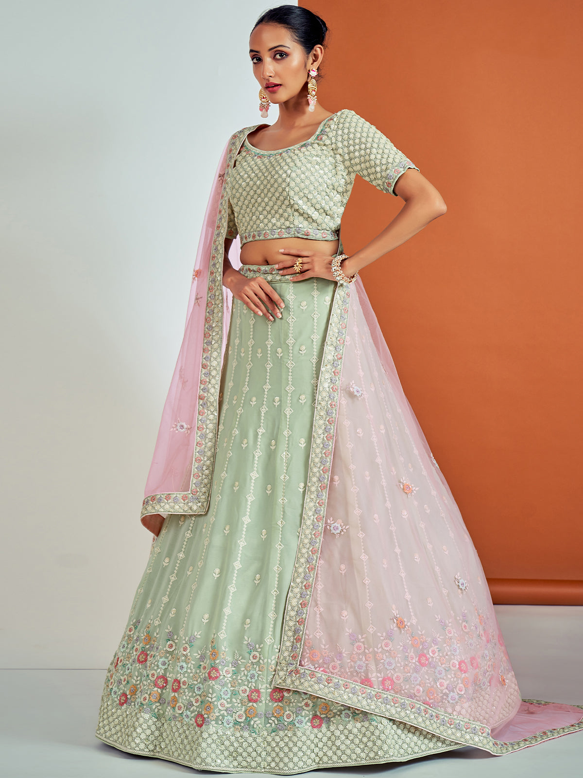 Rajwada - Designer Sea Green Georgette Semi Stitched Lehenga With Unstitched Blouse