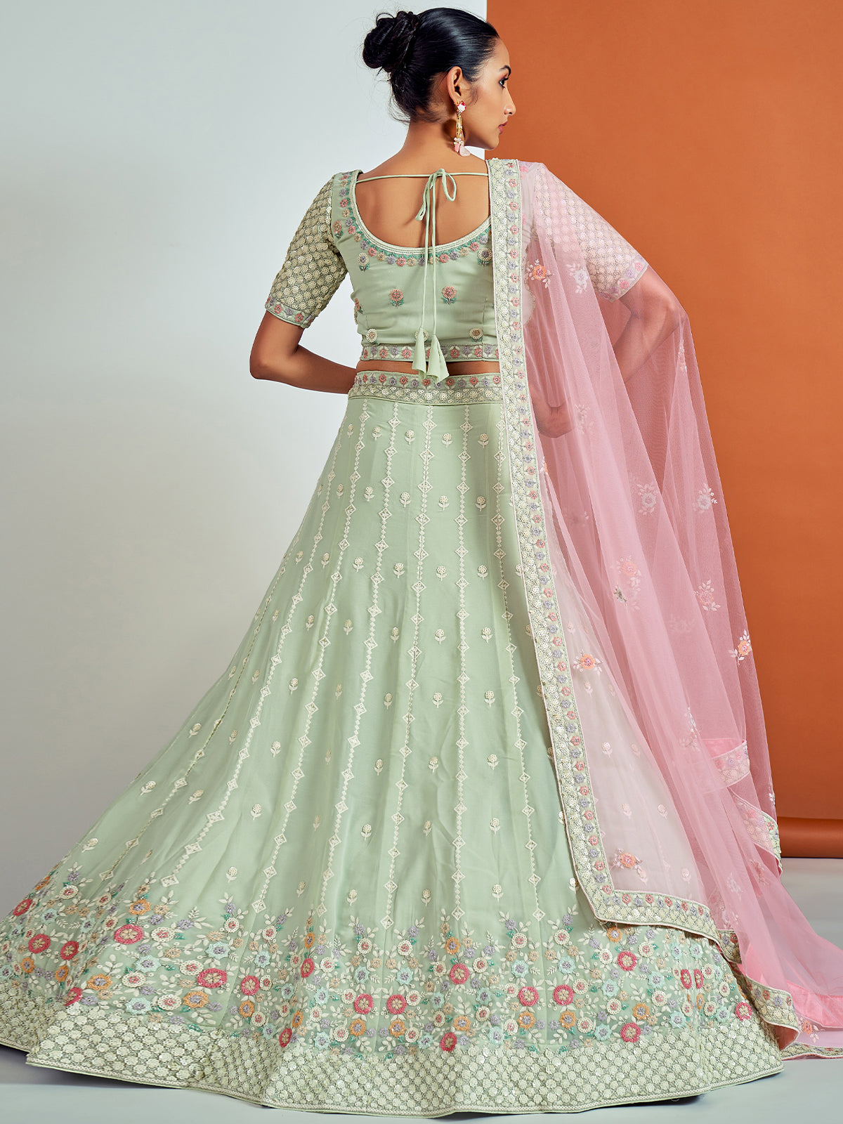 Rajwada - Designer Sea Green Georgette Semi Stitched Lehenga With Unstitched Blouse