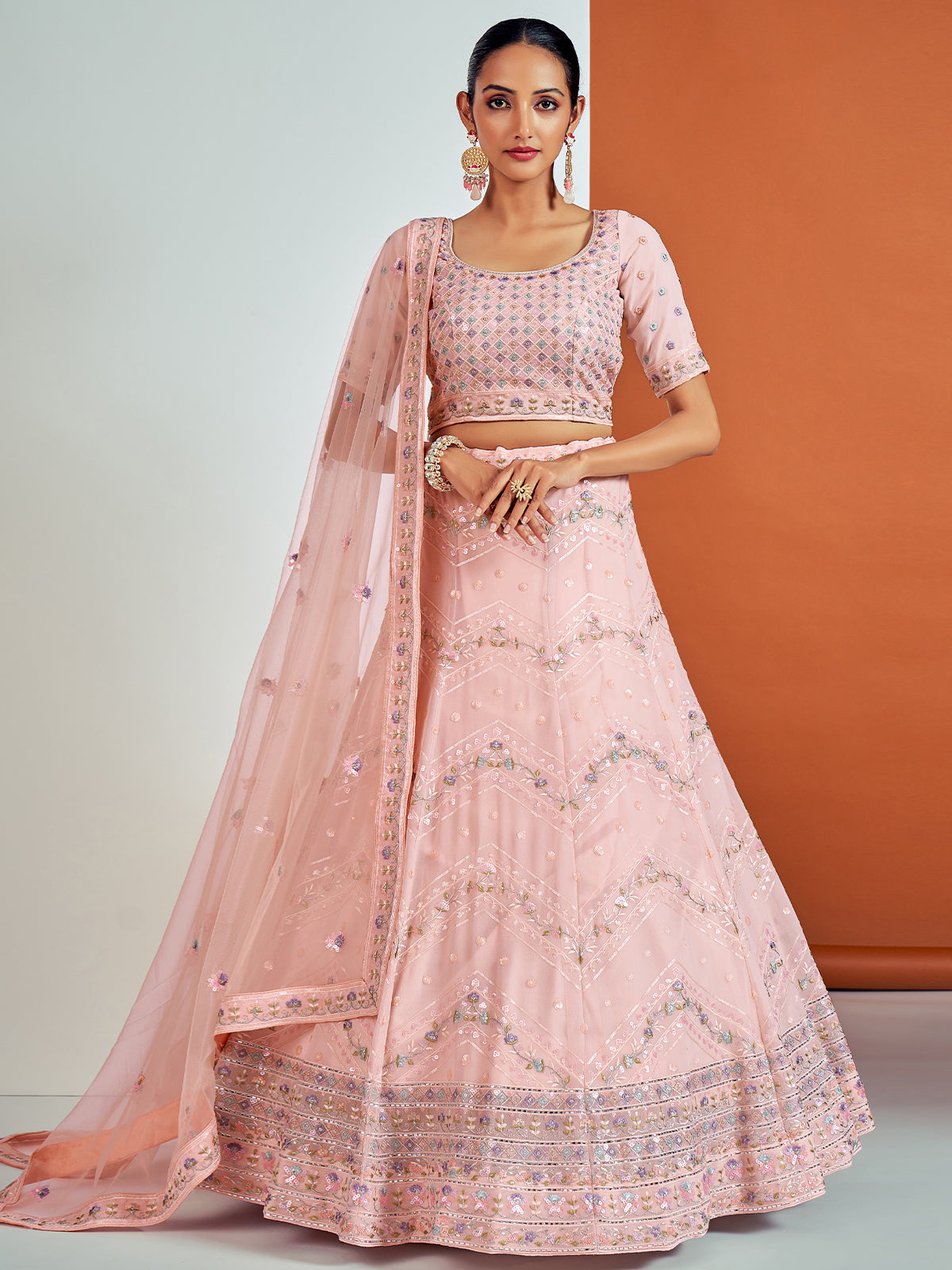 Rajwada - Stunning Pink Georgette Semi Stitched Lehenga With Unstitched Blouse