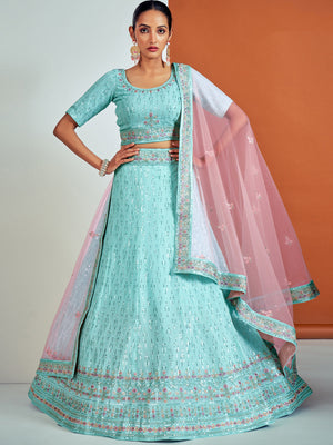 Rajwada - Classic Blue Georgette Semi Stitched Lehenga With Unstitched Blouse