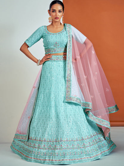 Rajwada - Classic Blue Georgette Semi Stitched Lehenga With Unstitched Blouse