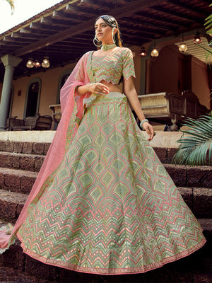 Rajwada Women Green Embroidered Organza Semi Stitched Lehenga With Unstitched Blouse