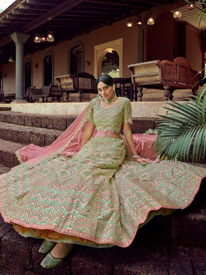 Rajwada Women Green Embroidered Organza Semi Stitched Lehenga With Unstitched Blouse