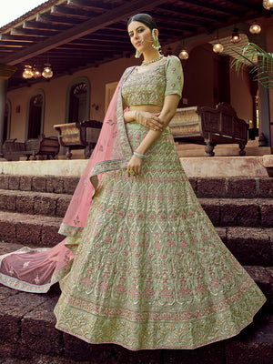 Rajwada Women Green Embroidered Georgette Semi Stitched Lehenga With Unstitched Blouse