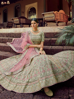 Rajwada Women Green Embroidered Georgette Semi Stitched Lehenga With Unstitched Blouse
