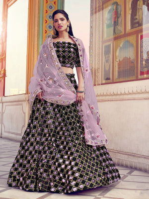 Rajwada Women Black Designer Sequins Semi Stitched Lehenga With Unstitched Blouse