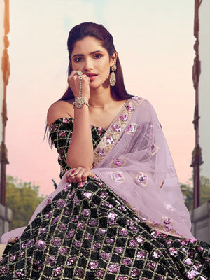 Rajwada Women Black Designer Sequins Semi Stitched Lehenga With Unstitched Blouse