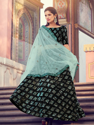 Rajwada Women Black Elegant Semi Stitched Lehenga With Unstitched Blouse