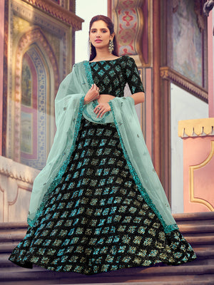 Rajwada Women Black Elegant Semi Stitched Lehenga With Unstitched Blouse