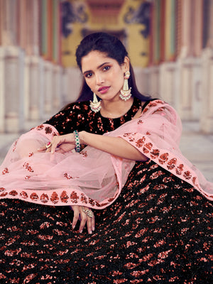 Rajwada Women Black Fur Imported Fabric Designer Semi Stitched Lehenga With Unstitched Blouse