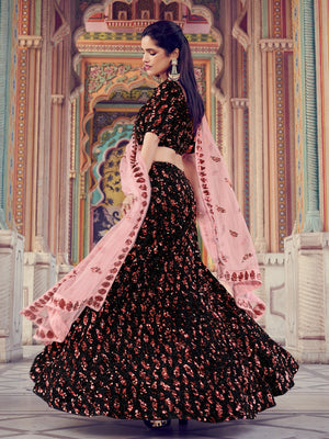 Rajwada Women Black Fur Imported Fabric Designer Semi Stitched Lehenga With Unstitched Blouse