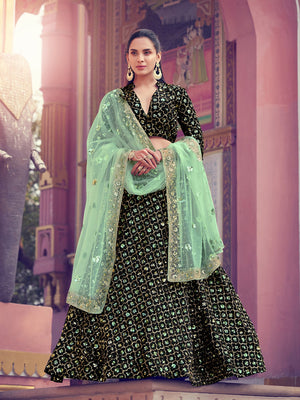 Rajwada Women Beautiful Black Semi Stitched Lehenga With Unstitched Blouse