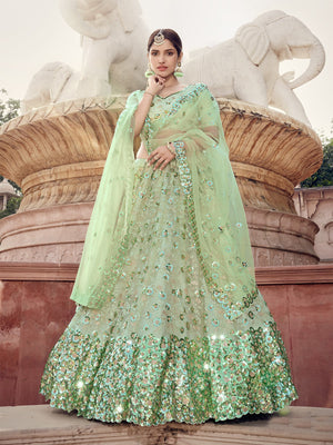 Rajwada Women Green Sequins Sassy Semi Stitched Lehenga With Unstitched Blouse