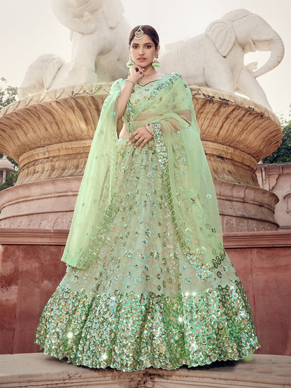 Rajwada Women Green Sequins Sassy Semi Stitched Lehenga With Unstitched Blouse