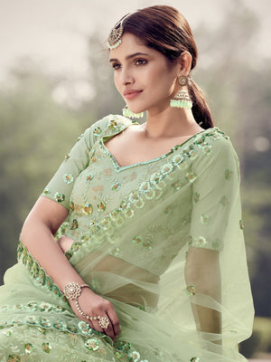 Rajwada Women Green Sequins Sassy Semi Stitched Lehenga With Unstitched Blouse