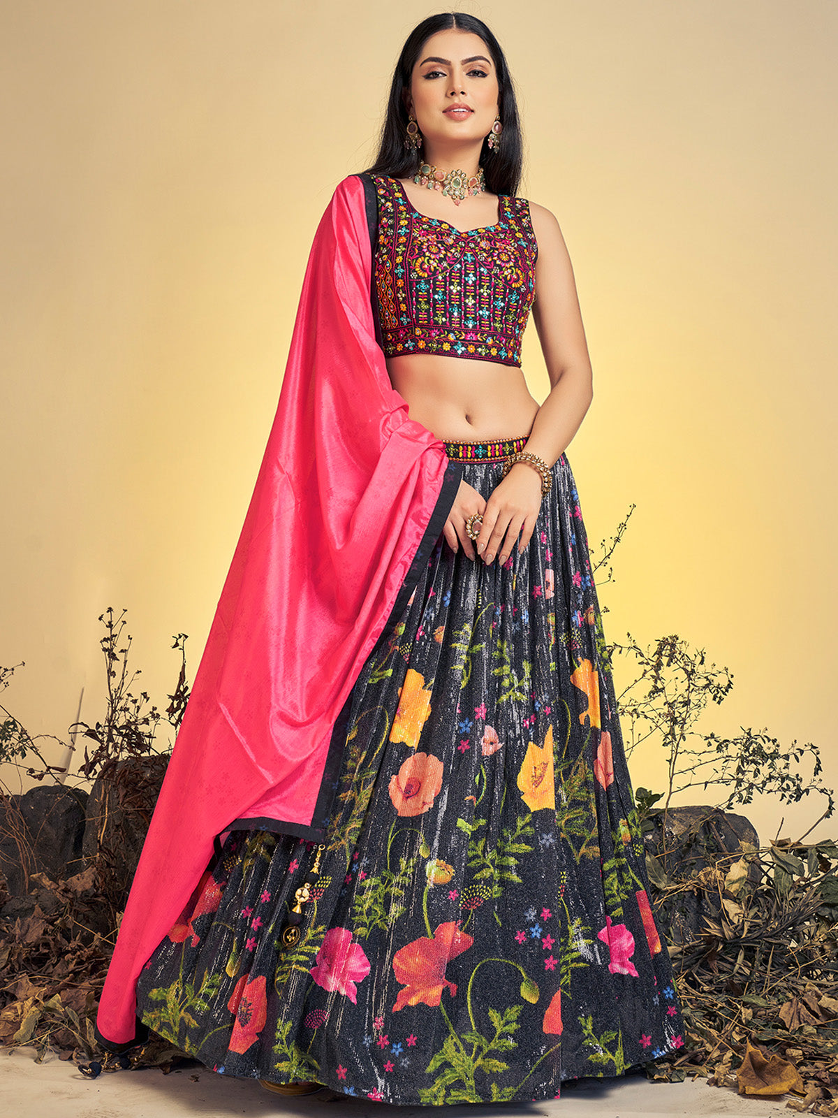 Rajwada - Stunning Black Art Silk Sequins Work Stitched Lehenga Choli Set