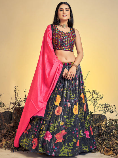 Rajwada - Stunning Black Art Silk Sequins Work Stitched Lehenga Choli Set