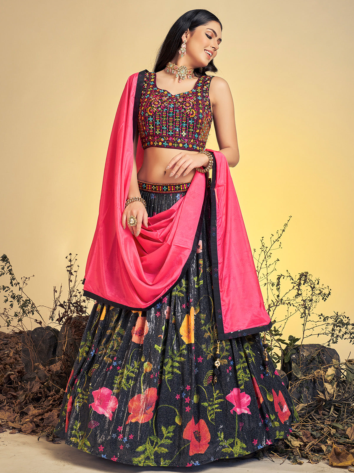 Rajwada - Stunning Black Art Silk Sequins Work Stitched Lehenga Choli Set