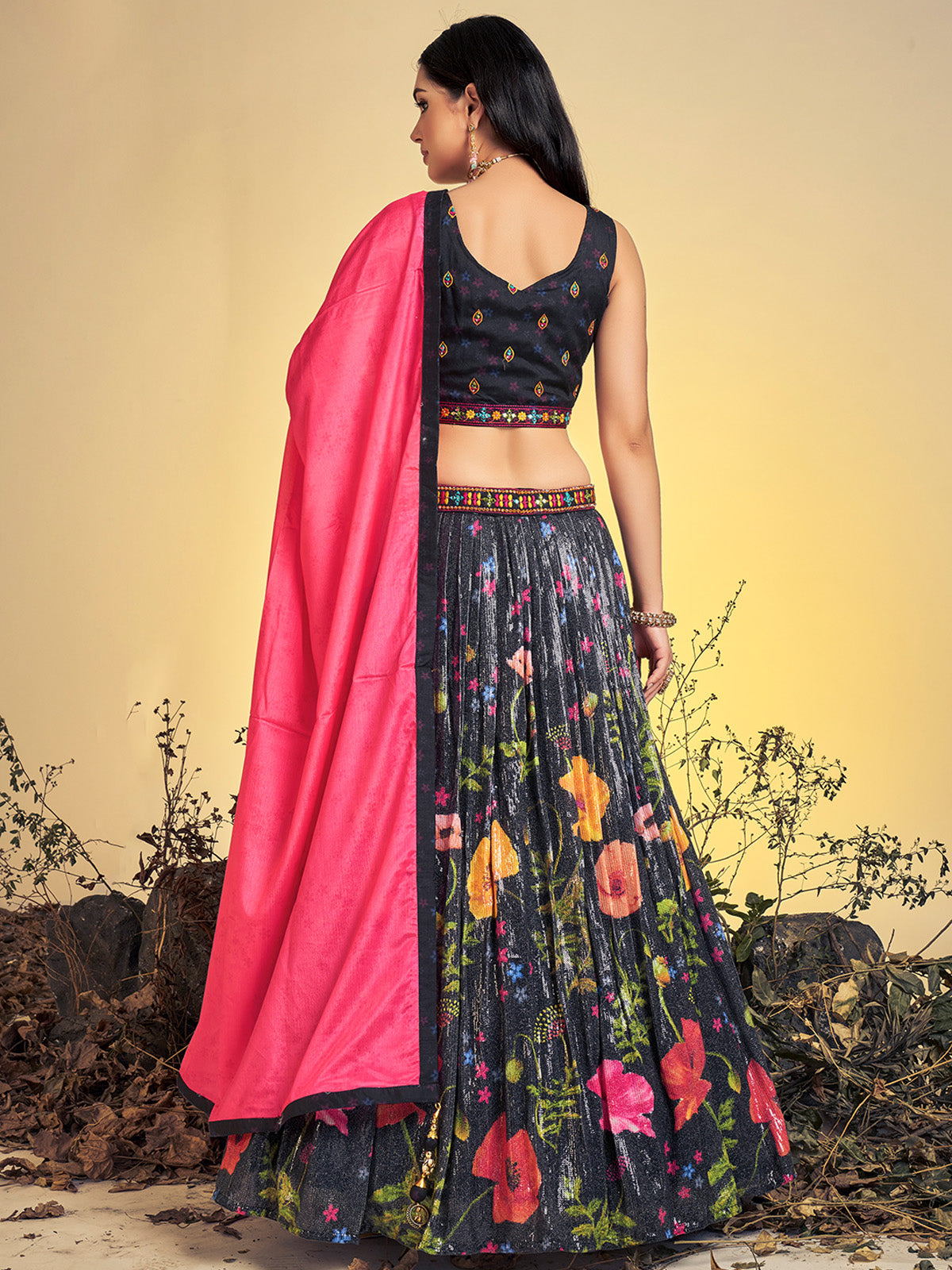 Rajwada - Stunning Black Art Silk Sequins Work Stitched Lehenga Choli Set