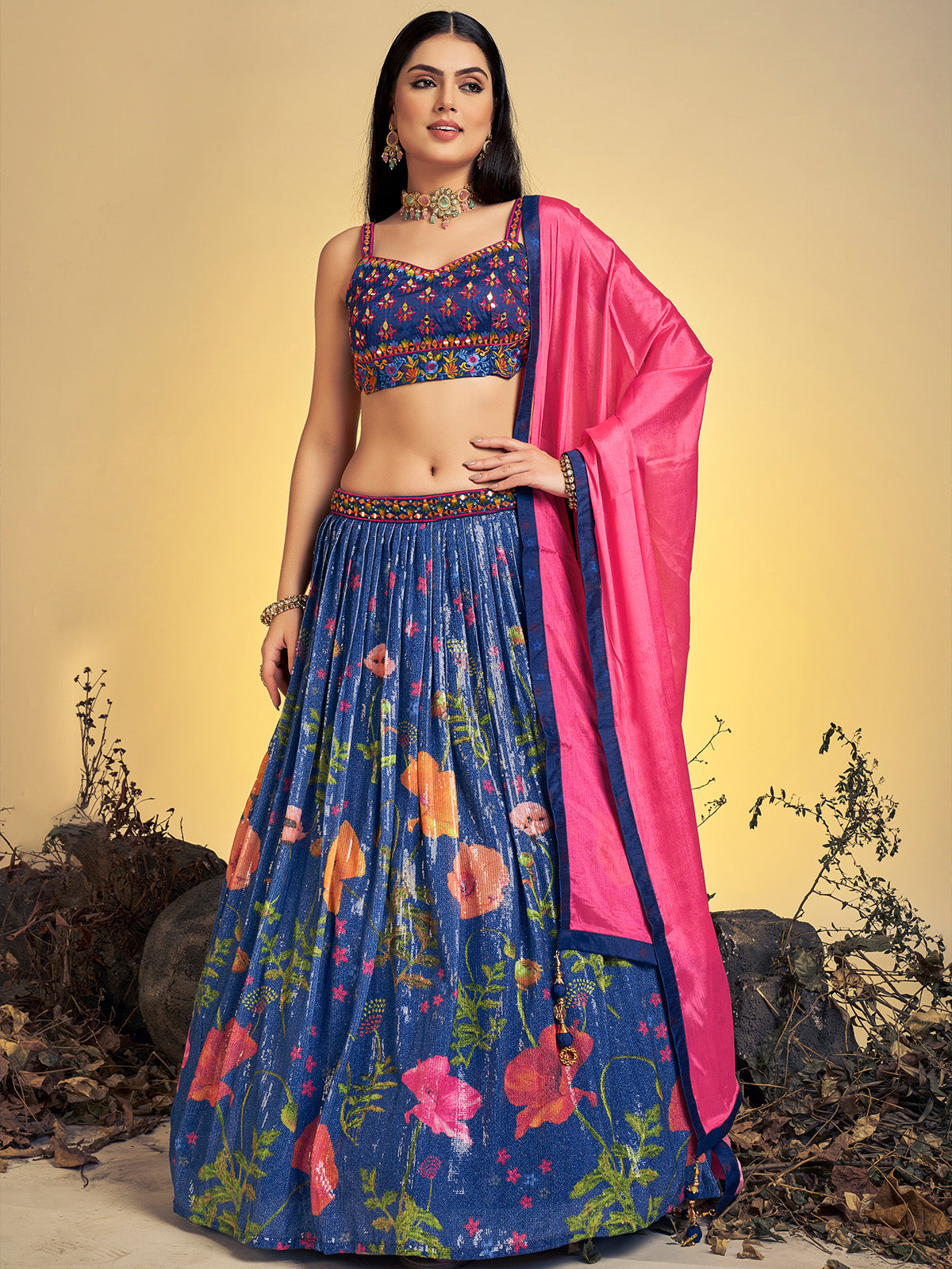 Rajwada - Classic Navy Blue Art Silk Sequins Work Stitched Lehenga Choli Set